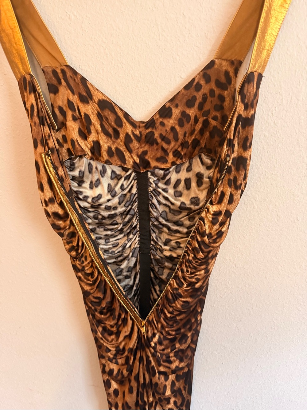 Vintage 2007 Dolce & Gabbana Gold Leather, Leopard-Print Midi Dress - Picture 5 of 10